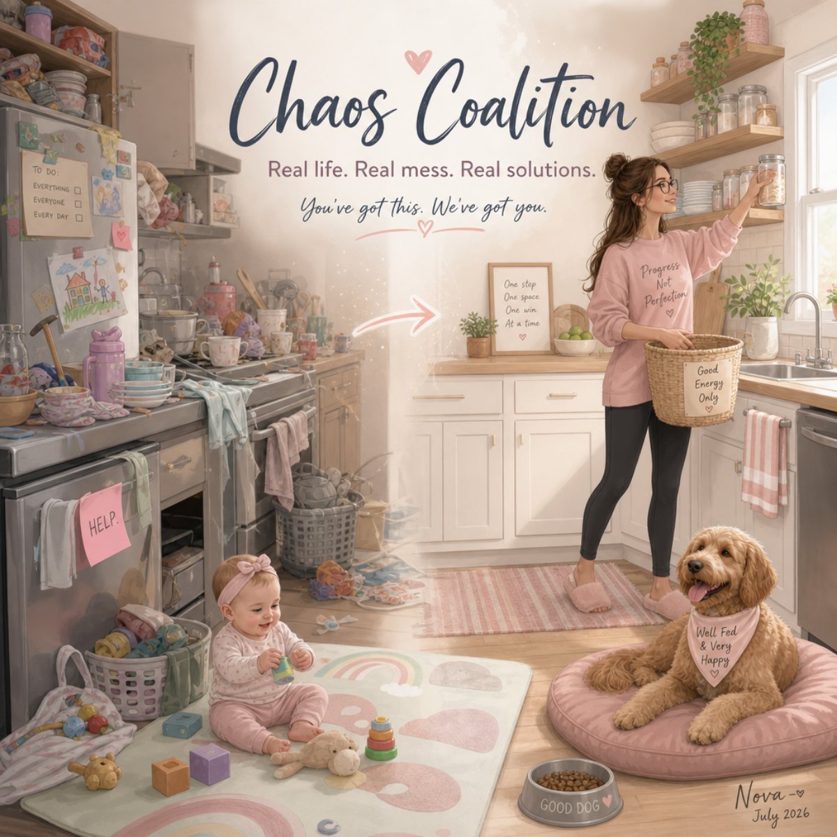 Chaos Coalition. Real life. Real mess. Real solutions. You've got this, we've got you. A warm pastel kitchen where a caregiver tidies while a happy baby plays and a well-fed doodle dog rests nearby.